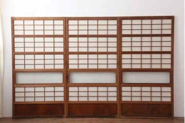 アンティーク建具　昭和初期　腰板ケヤキ材　裏障子付き　上手物!和の雰囲気を高める格子戸3枚セット(ガラス帯戸、建具、引き戸)(R-037078)