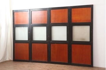 アンティーク建具　大正昭和初期　黒塗りの木枠がアクセントのガラス帯戸4枚セット(引き戸、建具)(R-037082)