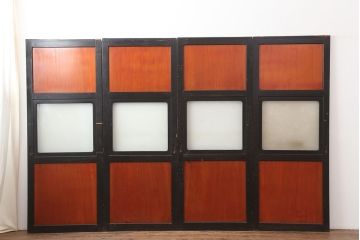 アンティーク建具　大正昭和初期　黒塗りの木枠がアクセントのガラス帯戸4枚セット(引き戸、建具)(R-037082)