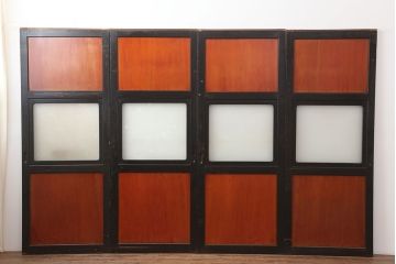 アンティーク建具　大正昭和初期　黒塗りの木枠がアクセントのガラス帯戸4枚セット(引き戸、建具)(R-037082)