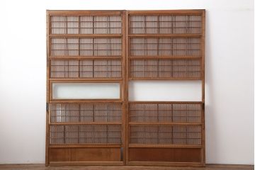 アンティーク建具　昭和初期　裏障子枠付き　細かな桟が美しい格子戸2枚セット(建具、引き戸)(R-037087)