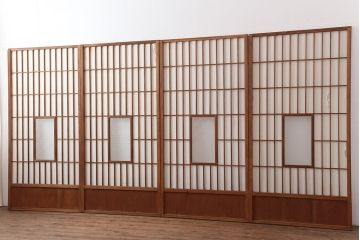 アンティーク建具　木味が魅力の縦額入り障子戸4枚セット(引き戸、建具)(R-037102)