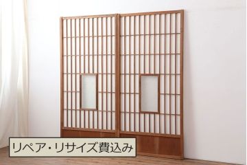 アンティーク建具　木味が魅力の縦額入り障子戸2枚セット(引き戸、建具)(R-037104)