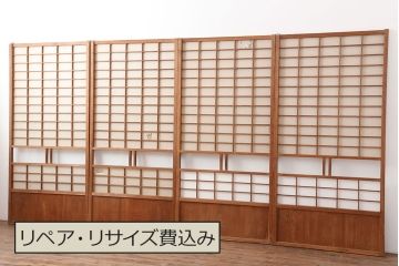 アンティーク建具　昭和初期　シンプルな木製フレームの障子戸4枚セット(建具、引き戸)(R-037105)