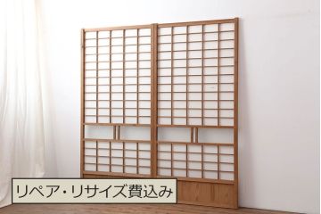 アンティーク建具　和製アンティーク　昭和初期　シンプルな木製フレームの障子戸2枚セット(建具、引き戸)(R-037109)