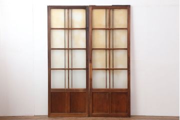 レトロ建具　昭和レトロ　昭和中期　シンプルさが魅力のガラス戸2枚セット(引き戸、建具)(R-037117)