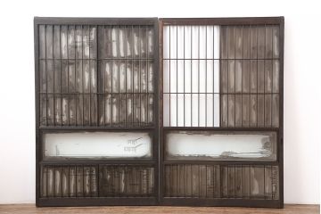 レトロ建具　昭和レトロ　昭和初期　帯ガラス入り格子戸2枚セット(窓、引き戸)(R-037126)