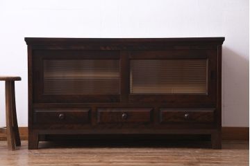 中古　リメイク　北海道民芸　モールガラスがアクセントになったローボード(テレビ台、収納棚、サイドボード)