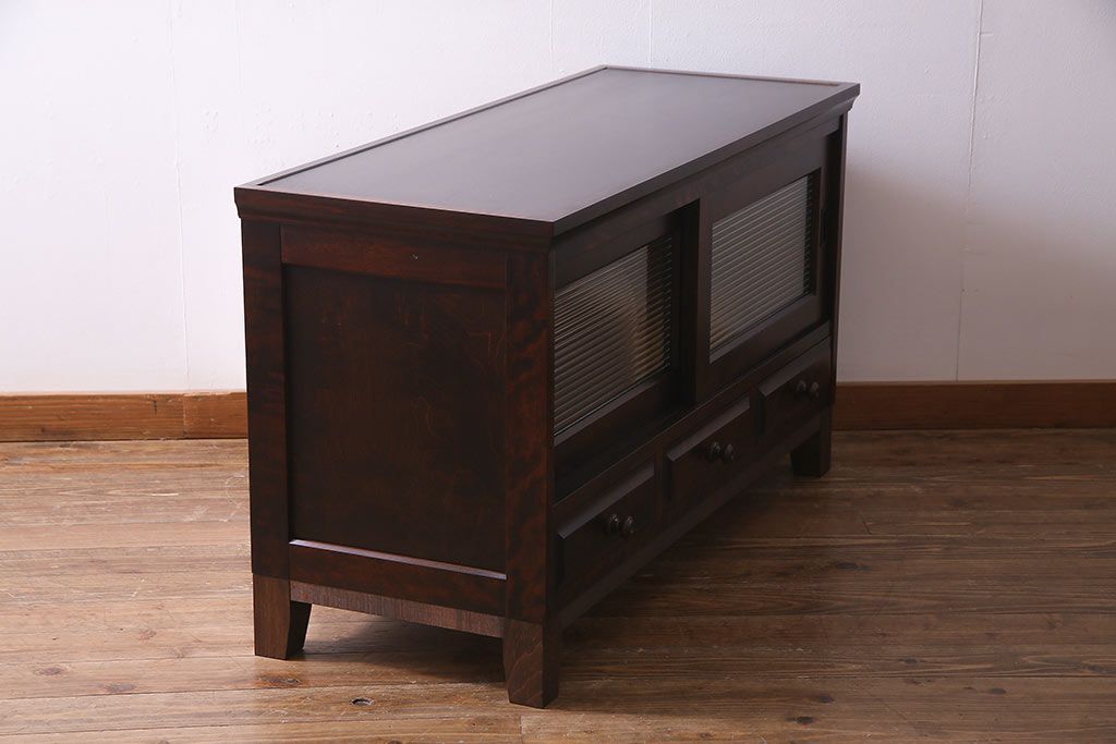 中古　リメイク　北海道民芸　モールガラスがアクセントになったローボード(テレビ台、収納棚、サイドボード)