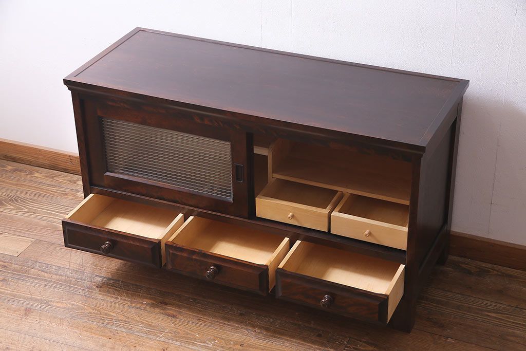 中古　リメイク　北海道民芸　モールガラスがアクセントになったローボード(テレビ台、収納棚、サイドボード)