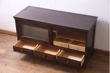 中古　リメイク　北海道民芸　モールガラスがアクセントになったローボード(テレビ台、収納棚、サイドボード)