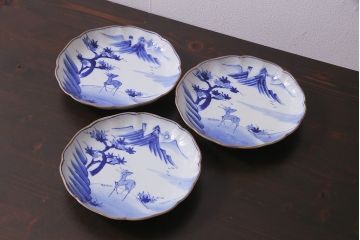 アンティーク雑貨　明治期　紅葉に鹿　7寸染付皿3枚セット(和食器)(R-037194)