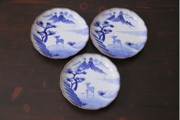 アンティーク雑貨　明治期　紅葉に鹿　7寸染付皿3枚セット(和食器)(R-037194)