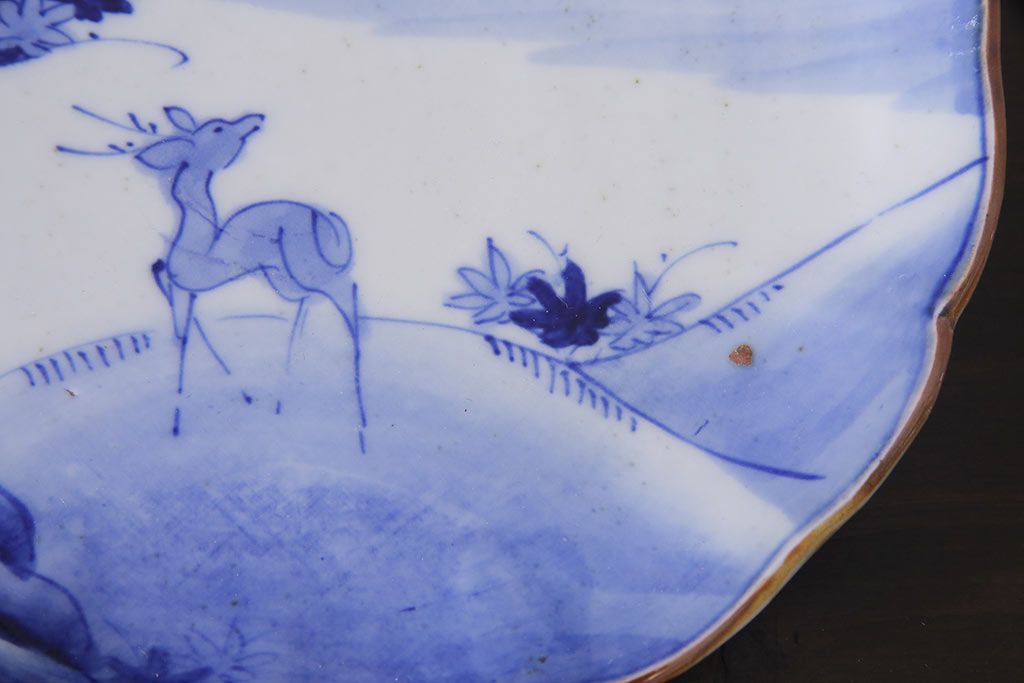 アンティーク雑貨　明治期　紅葉に鹿　7寸染付皿3枚セット(和食器)(R-037194)