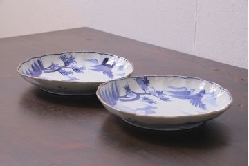 アンティーク雑貨　明治期　紅葉に鹿　7寸染付皿2枚セット(和食器)(R-037195)