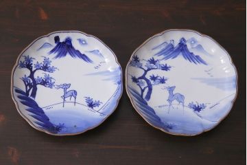 アンティーク雑貨　明治期　紅葉に鹿　7寸染付皿2枚セット(和食器)(R-037195)