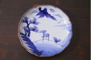 アンティーク雑貨　明治期　紅葉に鹿　7寸染付皿2枚セット(和食器)(R-037195)