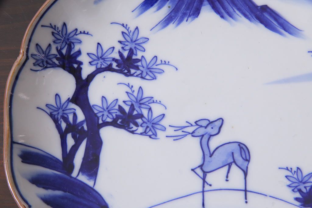 アンティーク雑貨　明治期　紅葉に鹿　7寸染付皿2枚セット(和食器)(R-037195)