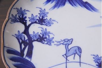 アンティーク雑貨　明治期　紅葉に鹿　7寸染付皿2枚セット(和食器)(R-037195)