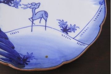 アンティーク雑貨　明治期　紅葉に鹿　7寸染付皿2枚セット(和食器)(R-037195)