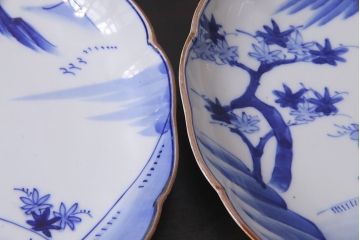 アンティーク雑貨　明治期　紅葉に鹿　7寸染付皿2枚セット(和食器)(R-037195)