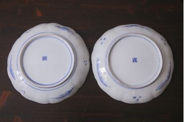 アンティーク雑貨　明治期　紅葉に鹿　7寸染付皿2枚セット(和食器)(R-037195)