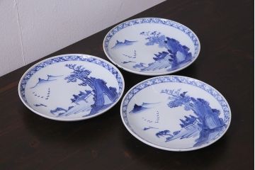 アンティーク雑貨　明治期　山水図　九谷　8寸染付皿3枚セット(和食器)(R-037196)