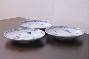 アンティーク雑貨　明治期　山水図　九谷　8寸染付皿3枚セット(和食器)(R-037196)