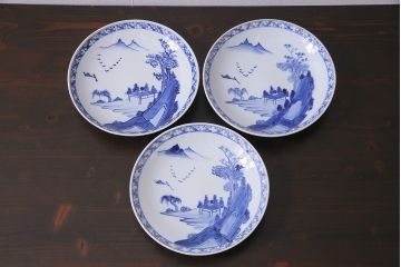 アンティーク雑貨　明治期　山水図　九谷　8寸染付皿3枚セット(和食器)(R-037196)