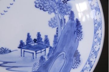 アンティーク雑貨　明治期　山水図　九谷　8寸染付皿3枚セット(和食器)(R-037196)