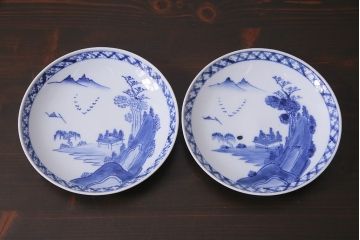アンティーク雑貨　明治期　山水図　九谷　8寸染付皿2枚セット(和食器)(R-037197)