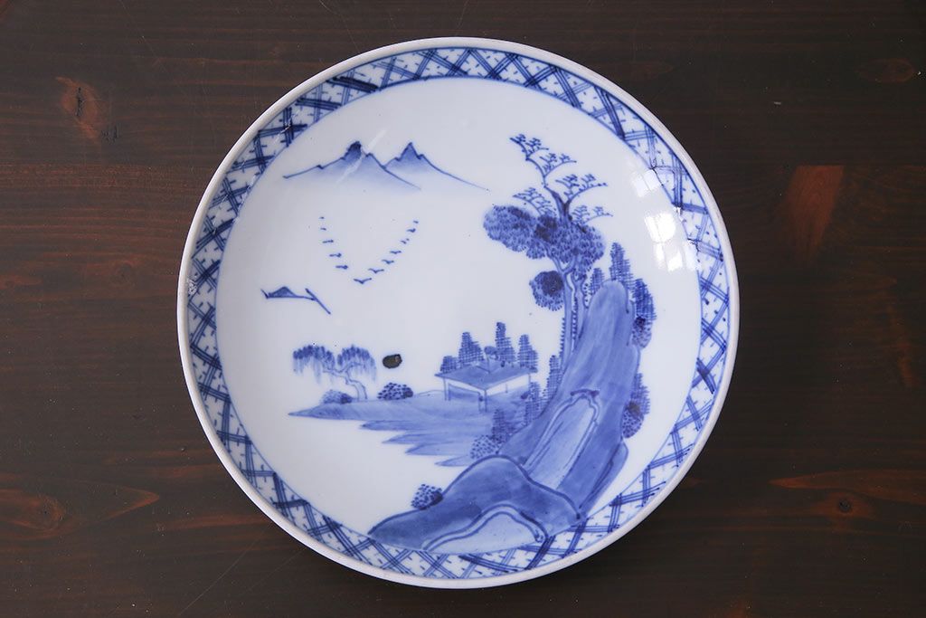 アンティーク雑貨　明治期　山水図　九谷　8寸染付皿2枚セット(和食器)(R-037197)