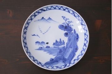 アンティーク雑貨　明治期　山水図　九谷　8寸染付皿2枚セット(和食器)(R-037197)