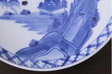 アンティーク雑貨　明治期　山水図　九谷　8寸染付皿2枚セット(和食器)(R-037197)