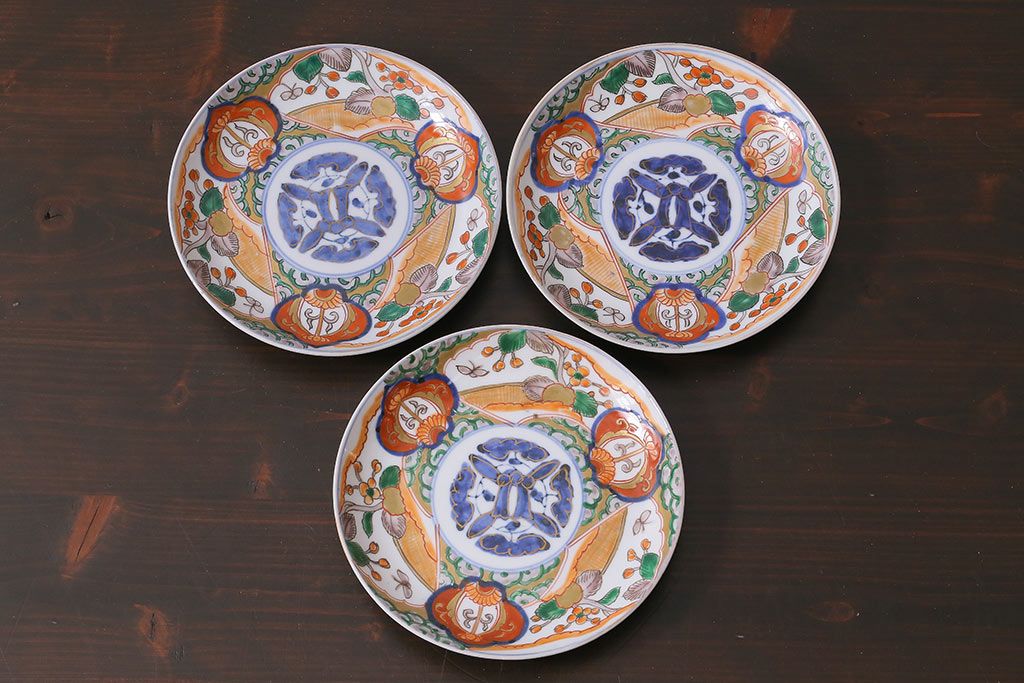 アンティーク雑貨　明治期　色絵　伊万里　6寸3分皿3枚セット(和食器)(R-037198)