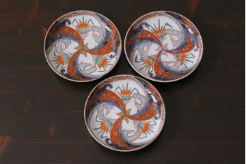アンティーク雑貨　上手　明治期　色絵ねじり文5寸皿3枚セット(和食器)(R-037203)