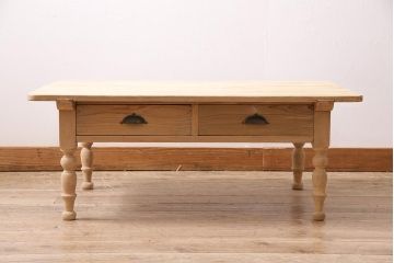 アンティーク家具　昭和初期　ストリップド(剥離)　ヒノキ材　和洋折衷な文机(ローテーブル)(R-037205)