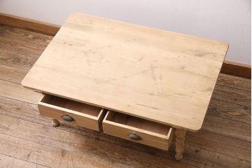 アンティーク家具　昭和初期　ストリップド(剥離)　ヒノキ材　和洋折衷な文机(ローテーブル)(R-037205)