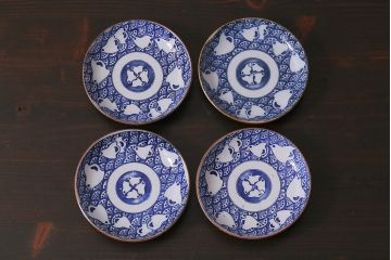アンティーク雑貨　昭和初期　波千鳥　印判皿4枚セット(和食器)(R-037212)