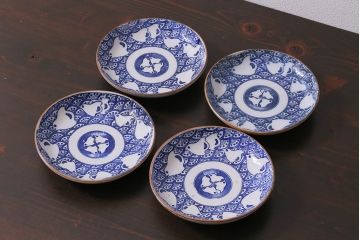 アンティーク雑貨　昭和初期　波千鳥　印判皿4枚セット(和食器)(R-037212)