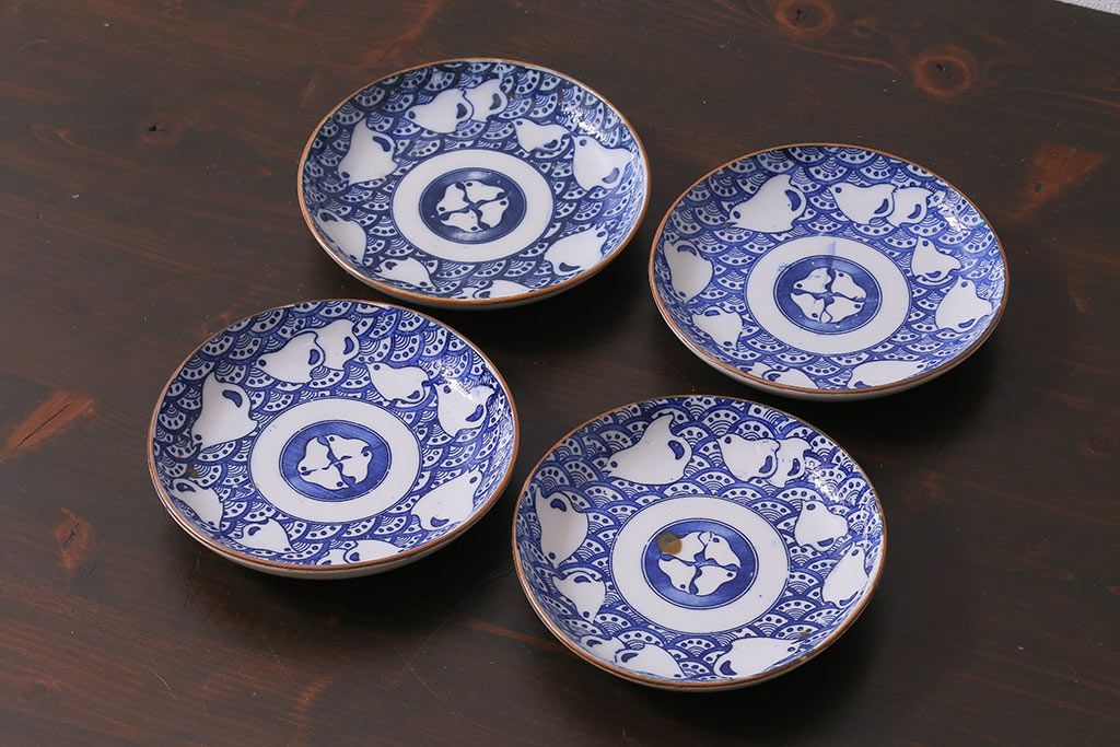 アンティーク雑貨　昭和初期　波千鳥　印判皿4枚セット(和食器)(R-037213)