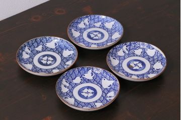 アンティーク雑貨　昭和初期　波千鳥　印判皿4枚セット(和食器)(R-037213)