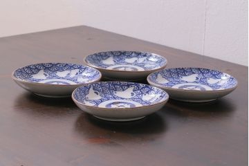アンティーク雑貨　昭和初期　波千鳥　印判皿4枚セット(和食器)(R-037213)