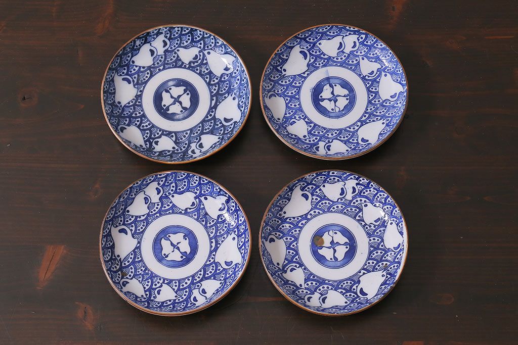 アンティーク雑貨　昭和初期　波千鳥　印判皿4枚セット(和食器)(R-037213)