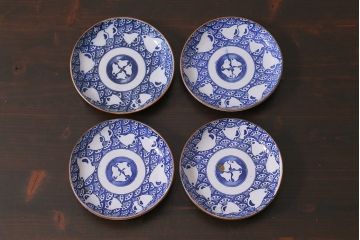 アンティーク雑貨　昭和初期　波千鳥　印判皿4枚セット(和食器)(R-037213)