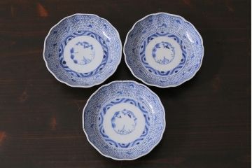アンティーク雑貨　江戸後期~幕末　伊万里　微塵唐草　染付小皿3枚セット(なます皿)