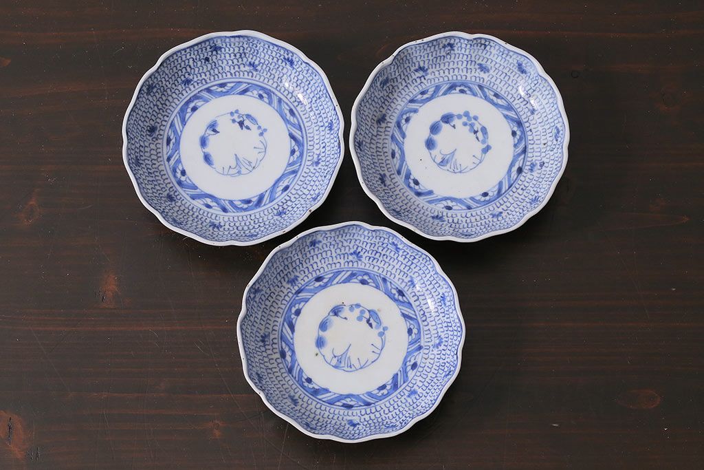 アンティーク雑貨　江戸後期~幕末　伊万里　微塵唐草　染付小皿3枚セット(なます皿)(R-037215)