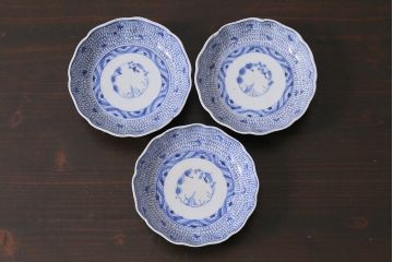アンティーク雑貨　江戸後期~幕末　伊万里　微塵唐草　染付小皿3枚セット(なます皿)(R-037215)