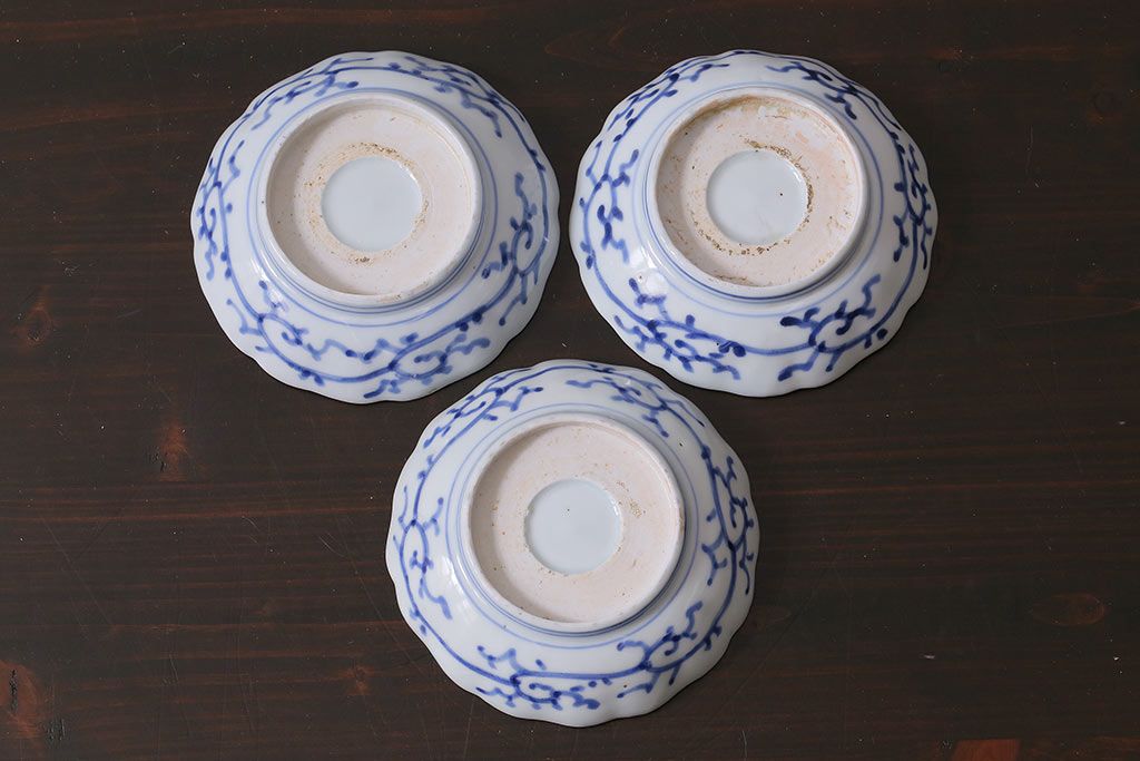 アンティーク雑貨　江戸後期~幕末　伊万里　微塵唐草　染付小皿3枚セット(なます皿)(R-037215)