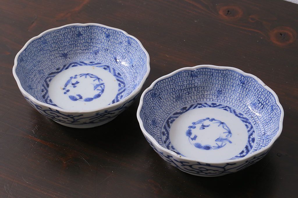 アンティーク雑貨　骨董　幕末期　伊万里　微塵唐草文　なます皿2枚セット(鉢、和食器)(R-037216)